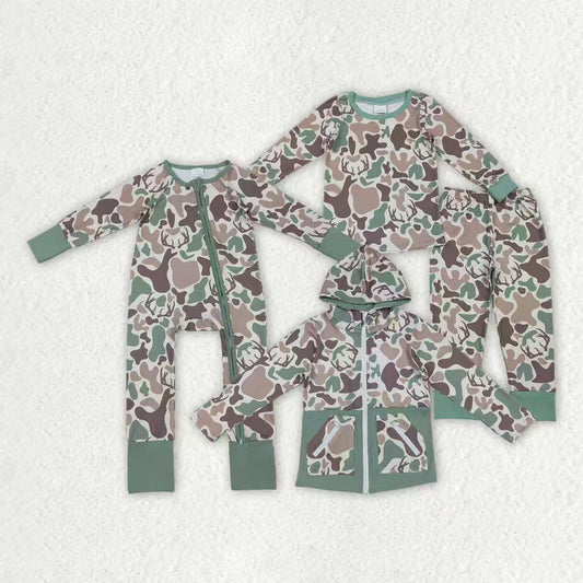 Sibling Baby Boys Green Brown Deer Camo Hunting Pajamas Sets Zipper Rompers Hoodies Top