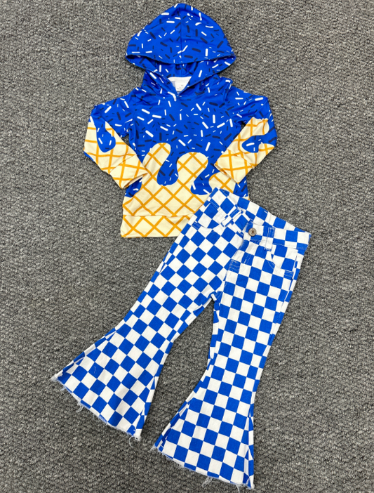 Baby Girls Hot Blue Drip Hoodie Top Denim Bell Bottom Pants Team Sets