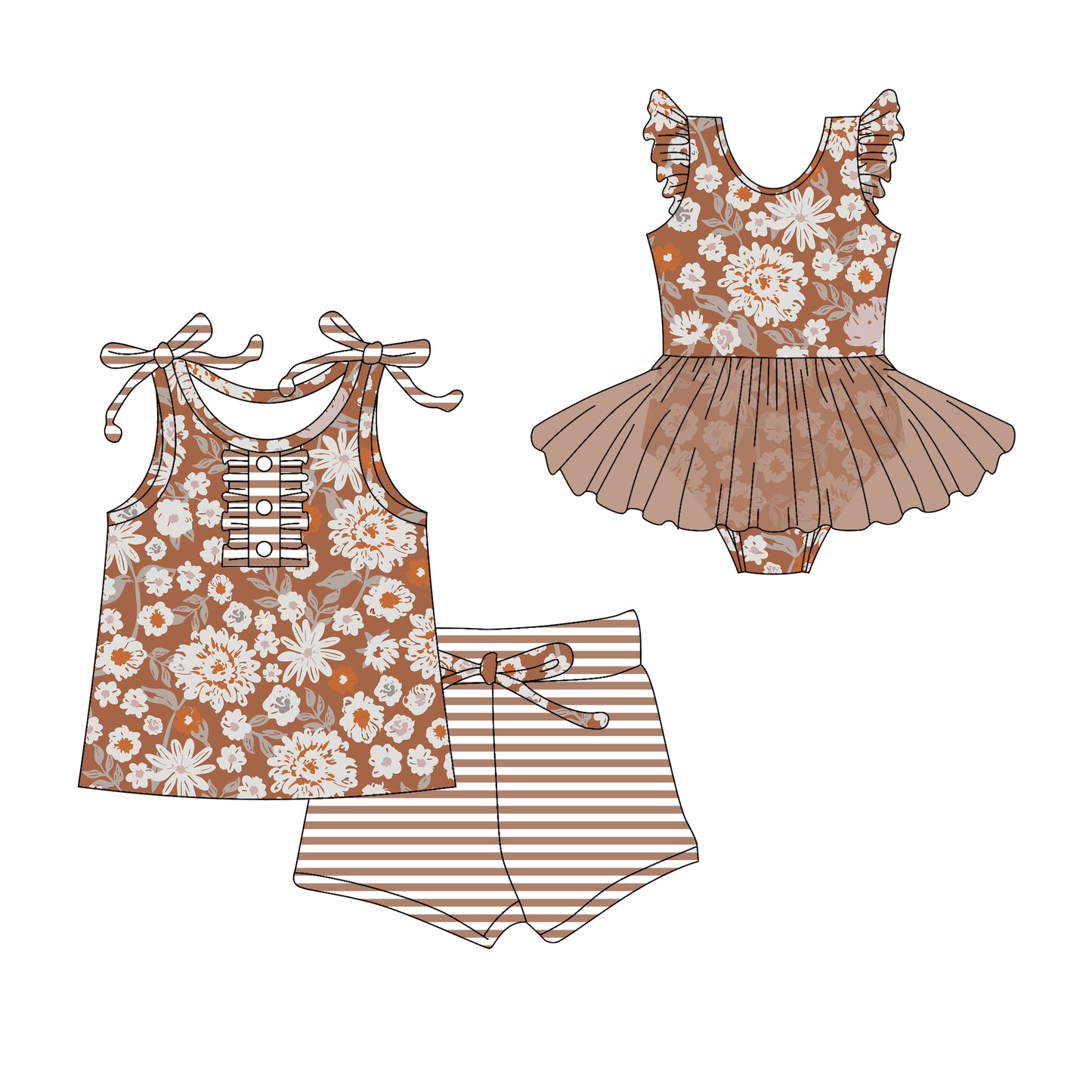 Preorder moq 5 Custom Baby Girls Brown Strap Floral Button Top Stripe Short Set Skort Bummise Romper