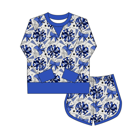 Preorder(moq 8)Baby Girls Hot Blue Bows Go Footballs Long Sleeve Top Shorts Team Clothes Set