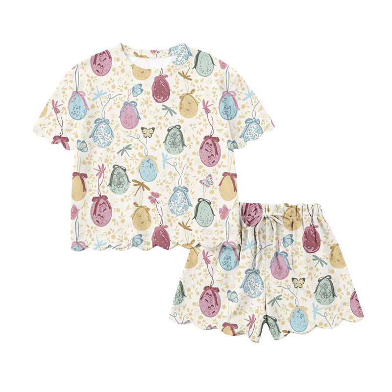 Preorder (moq 5)Baby Girls Colorful Eggs Butterfly Top Scallop Shorts Easter Clothes Sets