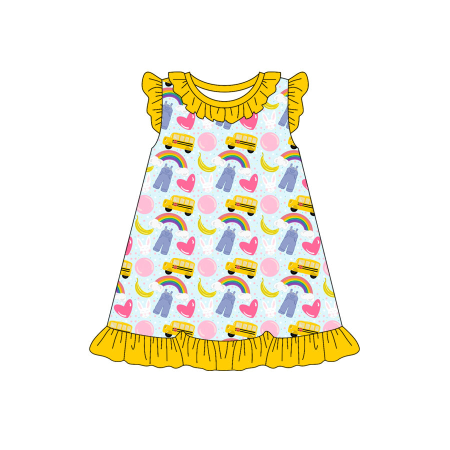 Preorder (moq 5)Baby Girls Flutter Sleeve Rainbow Rabbits Easter Ruffle Knee Length Dress