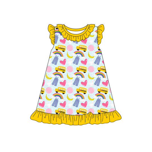 Preorder (moq 5)Baby Girls Flutter Sleeve Rainbow Rabbits Easter Ruffle Knee Length Dress