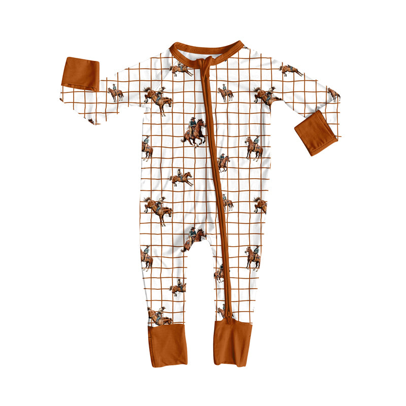 Preorder (moq 5)Baby Boys Brown Checked Horse Rodeos Western Two Way Zip Convertible Rompers