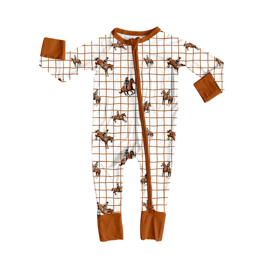 Preorder (moq 5)Baby Boys Brown Checked Horse Rodeos Western Two Way Zip Convertible Rompers