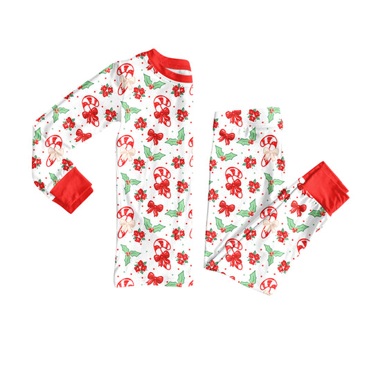 Preorder(moq 5) Baby Girls Christmas Holly Bows Top Pants Lounge Wear Pajamas Sets