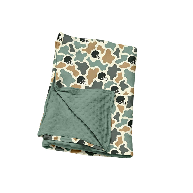Preorder (moq 5) Baby Blanket Dusty Teal Camo Football Helmet Print Minky Dot Backing Baby Swaddle Blanket
