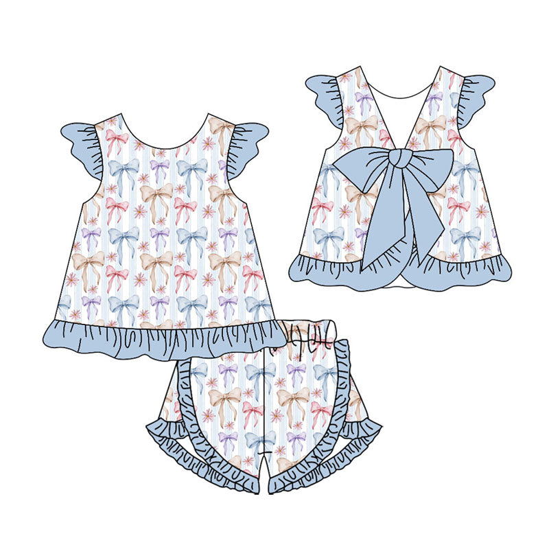 Preorder(moq 5) Baby Girls Colorful Bows Stripe Back Bow Tunic Ruffle Shorts Clothes Sets