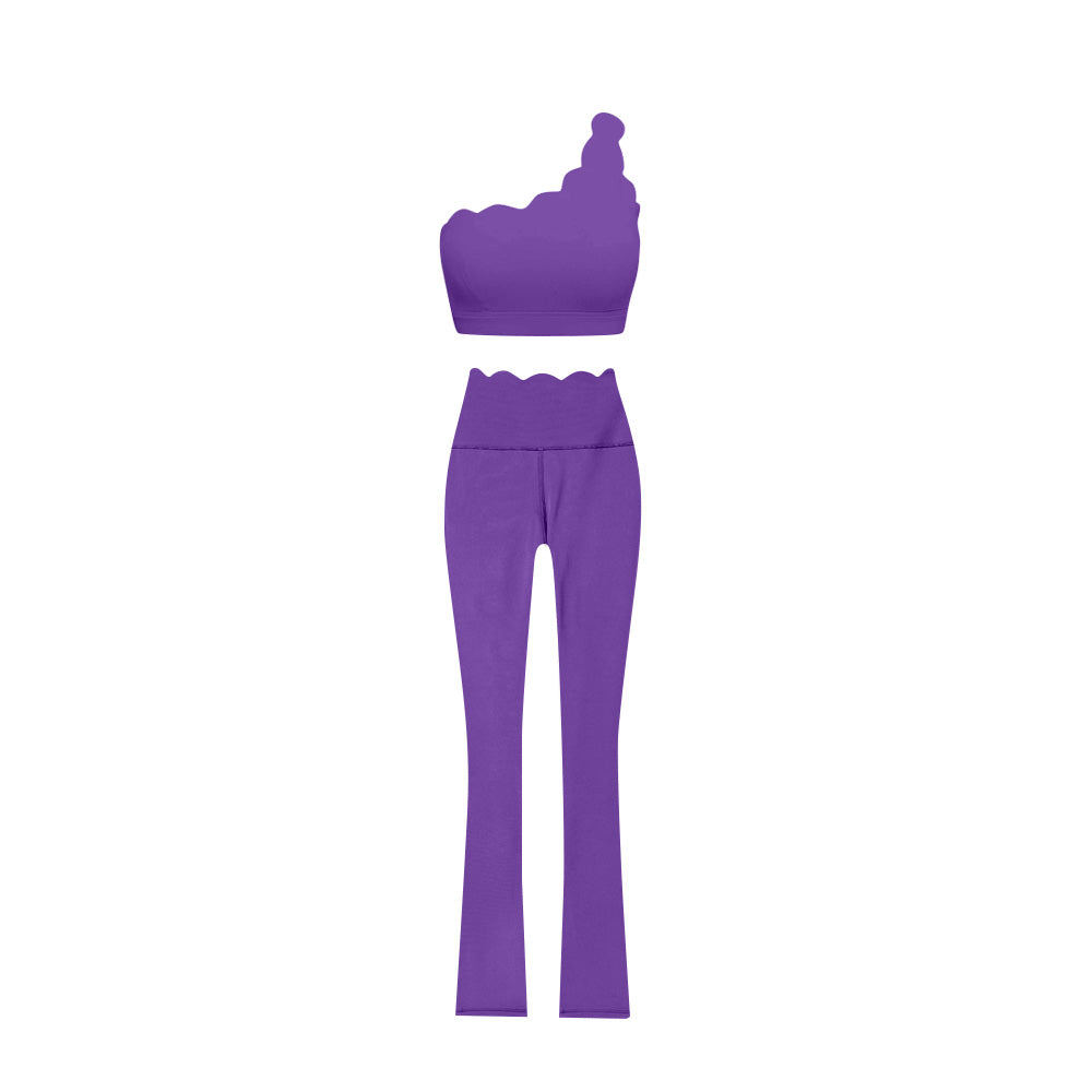 Preorder (moq 5)Baby Girls Purple One Shoulder Scallop Top Bell Bottom Pants Yoga Sets