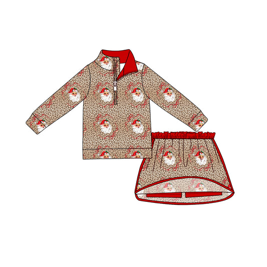 Preorder (moq 5)Baby Girls Santa Leopard Zip Pullovers Top Skirt Short Christmas Clothes Set