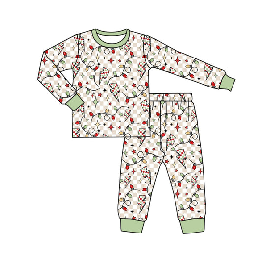 Preorder (moq 5)Baby Boys Long Sleeves Green Plaid Lights Top Pant Pajamas Set