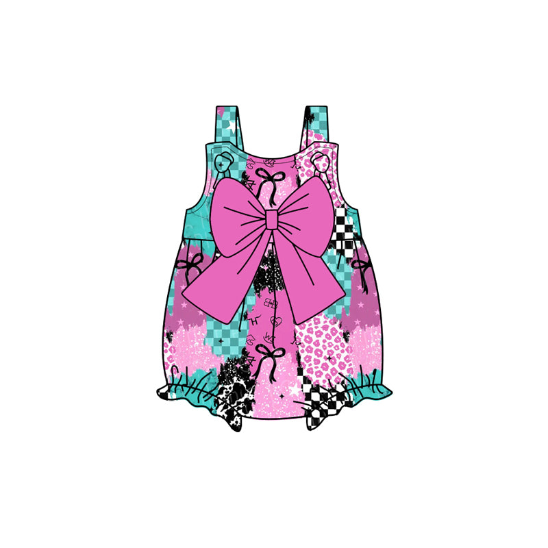 Preorder(moq 5)Baby Infant Girls Western Pink Leopard Bow Straps Summer Rompers