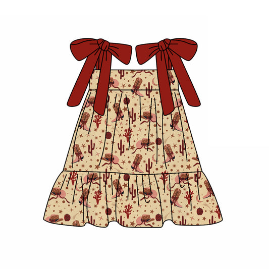 Preorder (moq 5)Baby Girls Red Strap Boots Cactus Knee Length Dresses