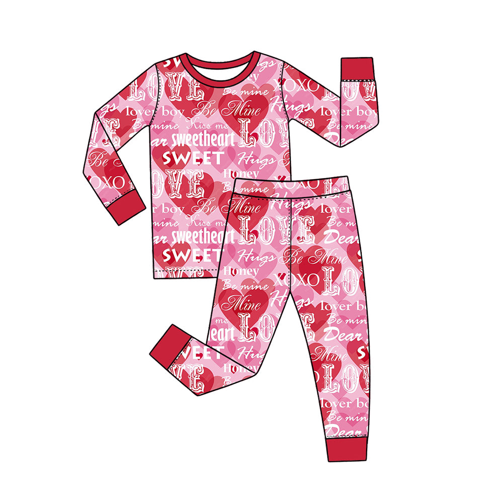 Preorder (moq 5) Baby Girl Clothes Valentine Sweetheart Word Heart Mixed Print Long Sleeve Pajama Set