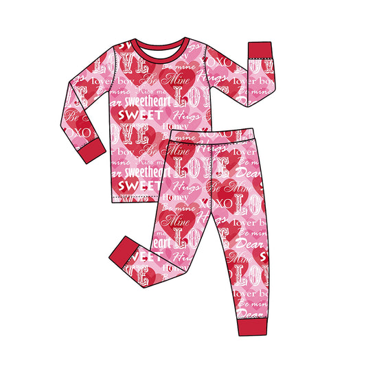 Preorder (moq 5) Baby Girl Clothes Valentine Sweetheart Word Heart Mixed Print Long Sleeve Pajama Set