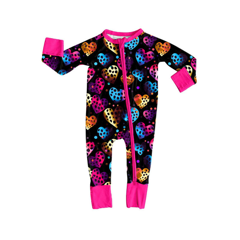 Preorder (moq 5)Baby Girls Polka Dots Hearts Valentine Zipper Footie Rompers