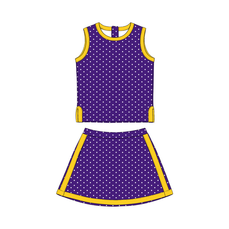 Preorder (moq 5) Girls Purple & White Polka Dot Color-Block Sleeveless Tank Top & Skirt 2-Piece Set