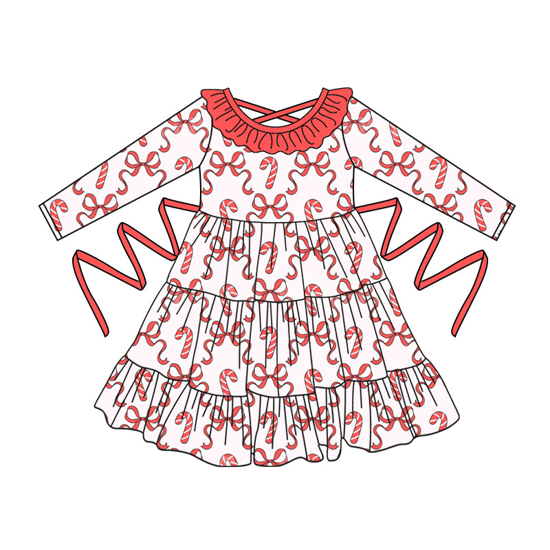 Preorder moq 5 Baby Girls Long Sleeves Red Bows Candy Cane With Belt Ruffle Knee Length Dresses