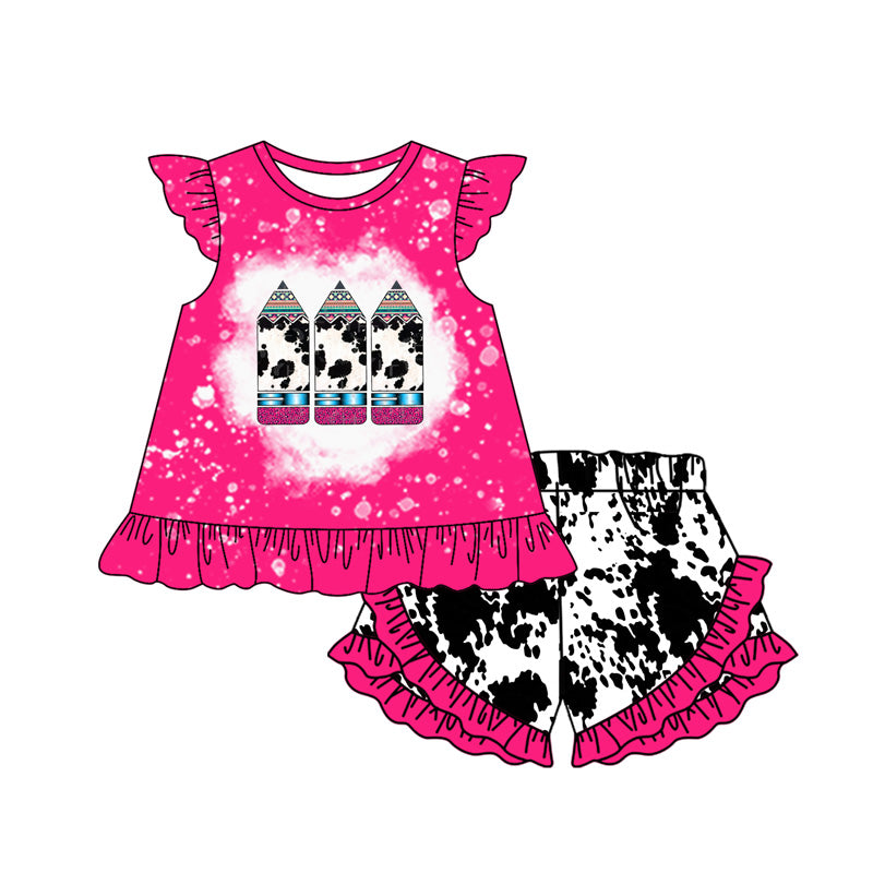 Preorder (moq 5)Baby Girls Cow Print Pencils Tunic Ruffle Shorts Back to School Clothes Set