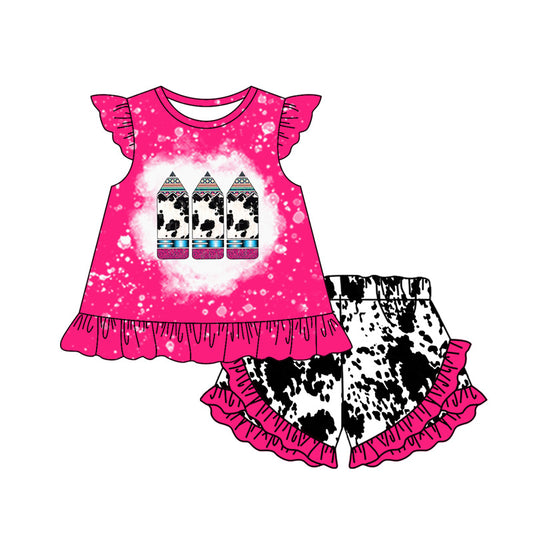 Preorder (moq 5)Baby Girls Cow Print Pencils Tunic Ruffle Shorts Back to School Clothes Set