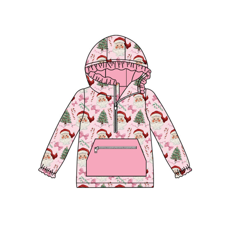 Preorder(moq 5)Baby Girls Pink Santa Trees Bows Pockets Zipper Christmas Hoodie Tops