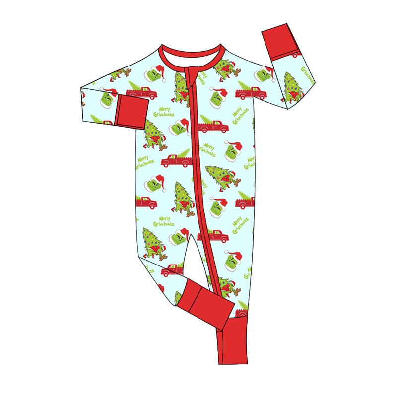 Preorder(moq 5)Baby Infant Boys Long Sleeves Green Face Christmas Trees Zipper Rompers