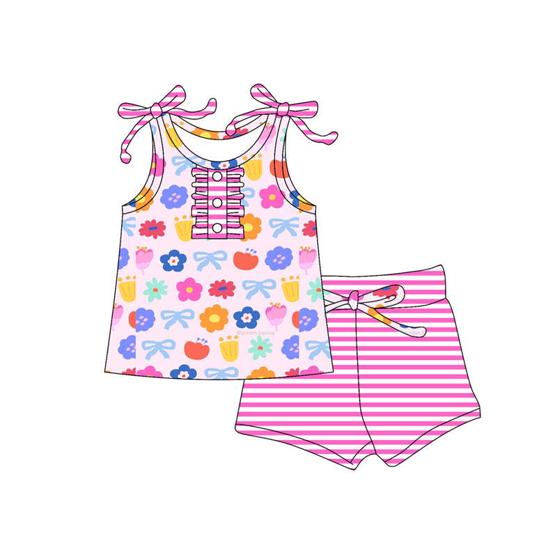 Preorder (moq 5)Baby Girls Pink Strap Button Colorful Floral Bows Tunic Stripe Short Set