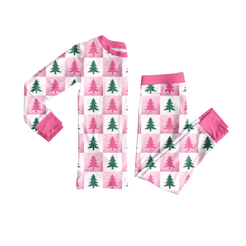 Preorder (moq 5)Baby Girls Long Sleeves Pink Plaid Trees Top Pant Pajamas Set