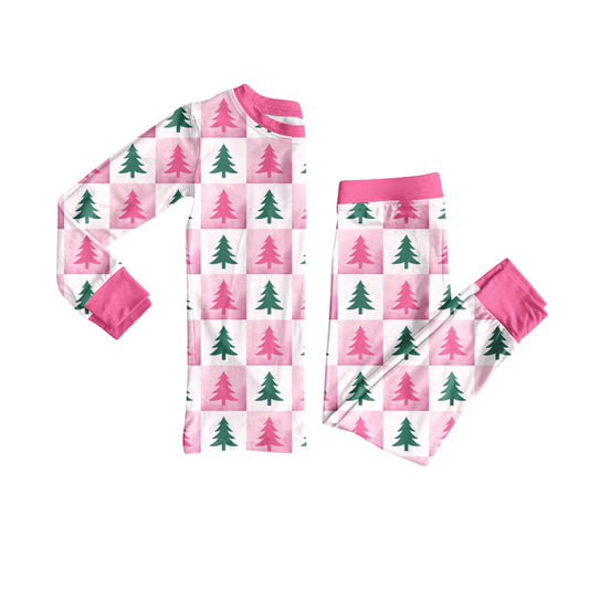 Preorder (moq 5)Baby Girls Long Sleeves Pink Plaid Trees Top Pant Pajamas Set