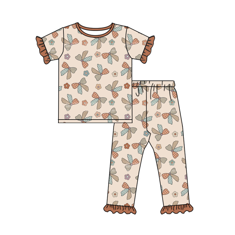 Preorder (moq 5)Baby Girls Brown Short Ruffle Sleeves Bows Flowers Top Pant Pajamas Sets