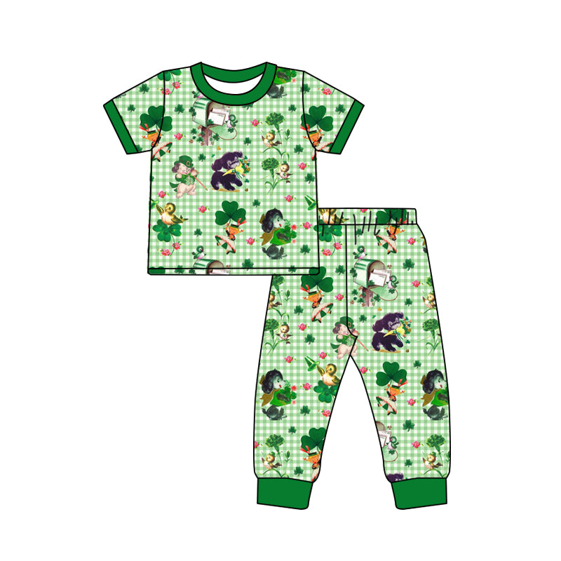 Preorder (moq 5) Baby Girl Clothes Vintage St Patrick Cartoon Gingham Print Short Sleeve Top & Jogger Pant Set