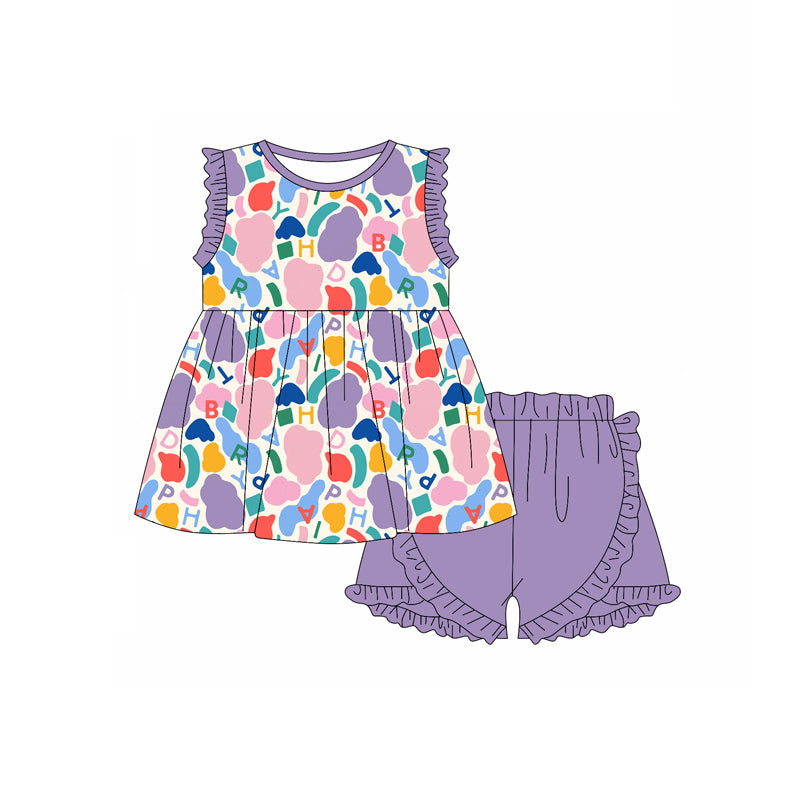 Preorder moq 5 Baby Girls Lavender Sleeveless Colorful Camo ABC Tunic Ruffle Short Back School Set