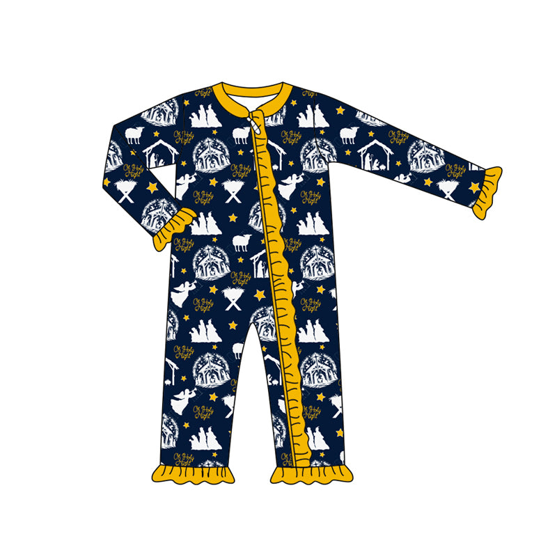 Preorder (moq 5)Baby Girls Long Sleeves Stars Nativity Plaid Ruffle Zipper Romper