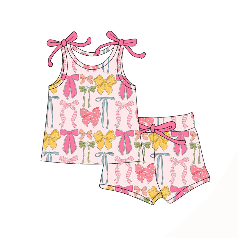 Preorder moq 5 Baby Girls Bows Sleeveless Colorful Bows Top Short Set