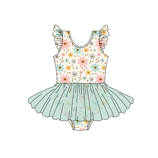 Preorder moq 5 Baby Girls Flutter Sleeves Colorful Flowers Mint Tulle Bummies Rompers