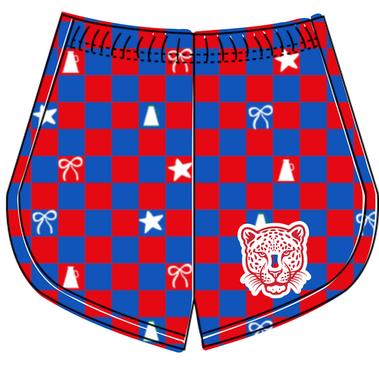 Preorder (moq 5)Baby Girls Blue Red Checked Leopards Cheer Team Shorts Bottoms