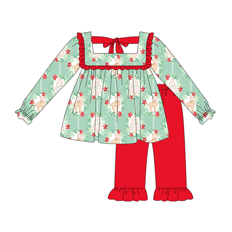 Preorder (moq 5)Baby Girls Long Sleeves Green Trees Deer Tunic Red Ruffle Pant Set