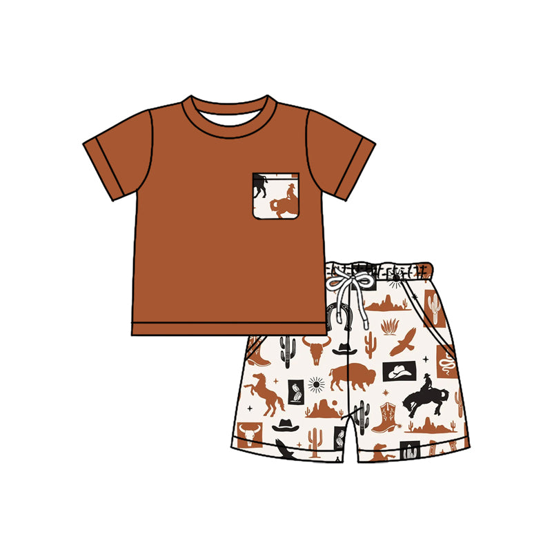 Preorder moq 5 Baby Boys Brown Short Sleeves Pocket Top Horse Rodeos Cactus Short Set