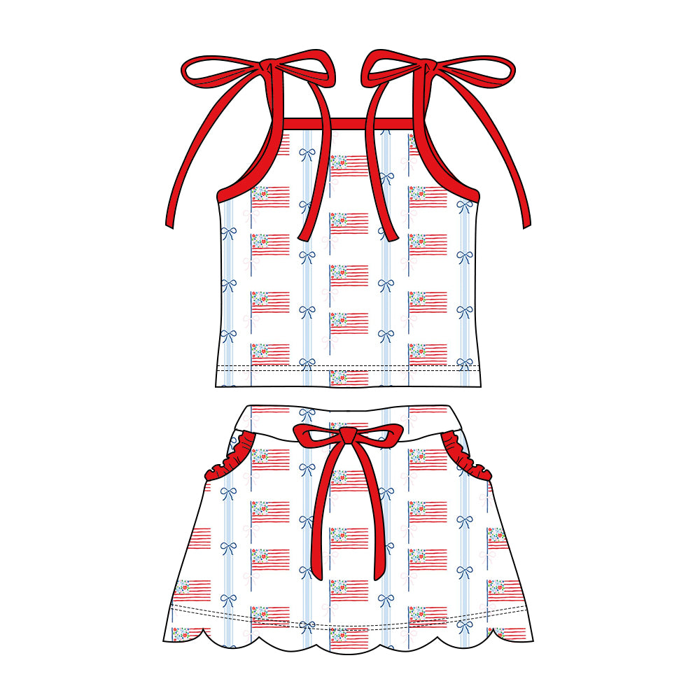 Preorder moq 5 Baby Girls Strap Flags Bows Top Pockets Scallop Skirt Short 4th of July Clothes Sets