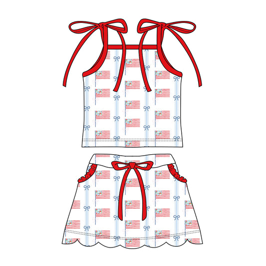 Preorder moq 5 Baby Girls Strap Flags Bows Top Pockets Scallop Skirt Short 4th of July Clothes Sets