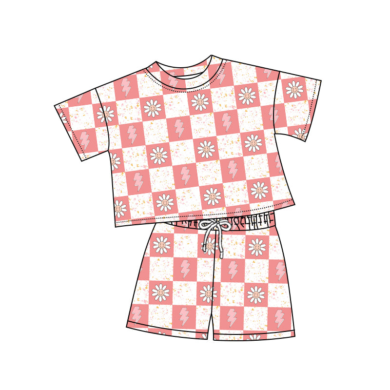 Preorder (moq 5)Baby Girls Pink Checkered Flowers Smile Top Shorts Clothes Sets