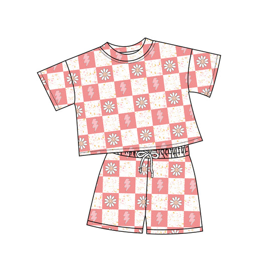 Preorder (moq 5)Baby Girls Pink Checkered Flowers Smile Top Shorts Clothes Sets