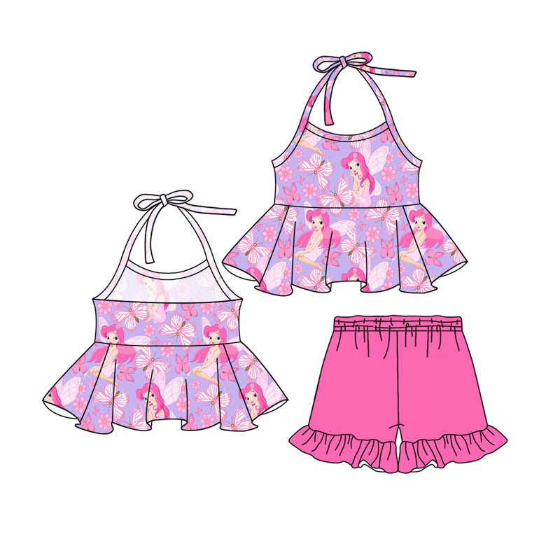 Preorder (moq 5)Baby Girls Pink Strap Butterfly Princess Tunic Ruffle Shorts Clothes Sets
