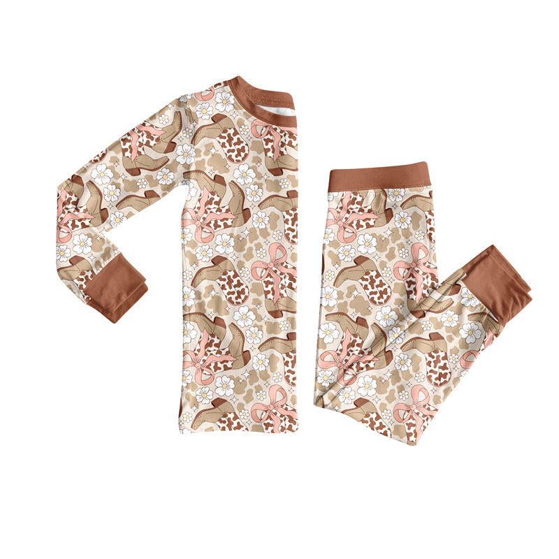 Preorder (moq 5)Baby Girls Long Sleeves Khaki Camo Flower Bows Boots Top Pant Pajamas Set