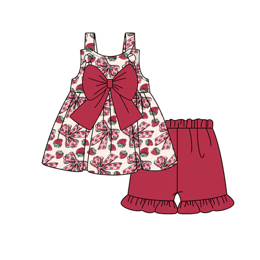 Preorder (moq 5)Baby Girls Strawberry Red Bow Tops Shorts Clothes Sets