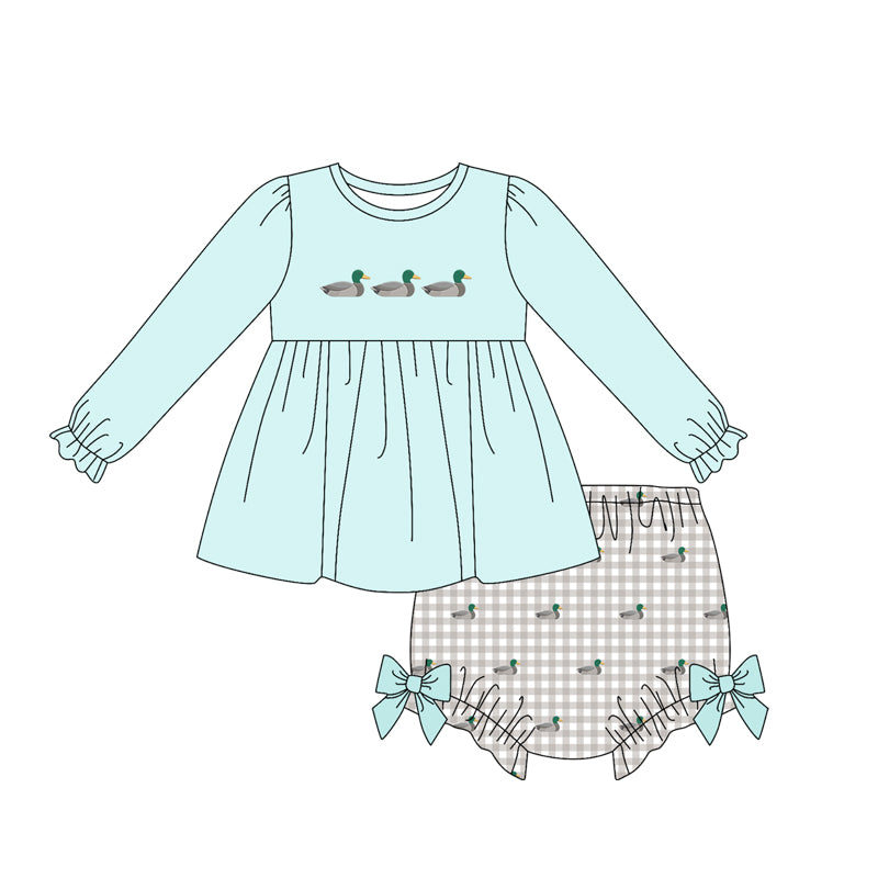 Preorder moq 5 Baby Girls Ducks Tunic Checked Bummies Hunting Clothes Set