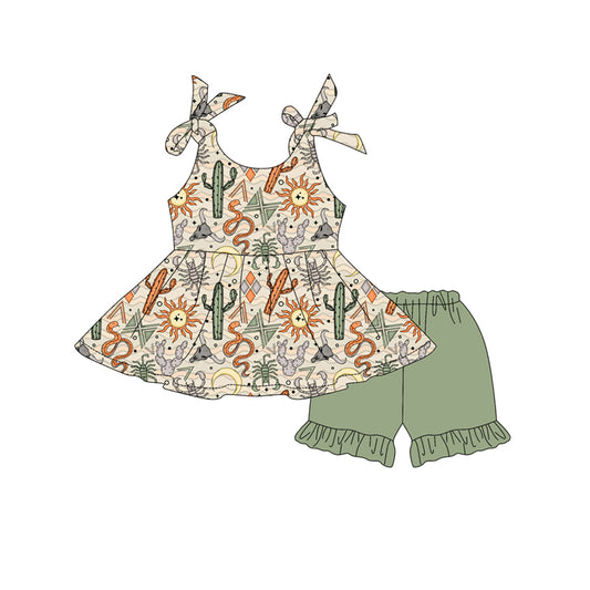 Preorder moq 5 Baby Girls Green Bows Sleeveless Cactus Suns Tunic Ruffle Short Set