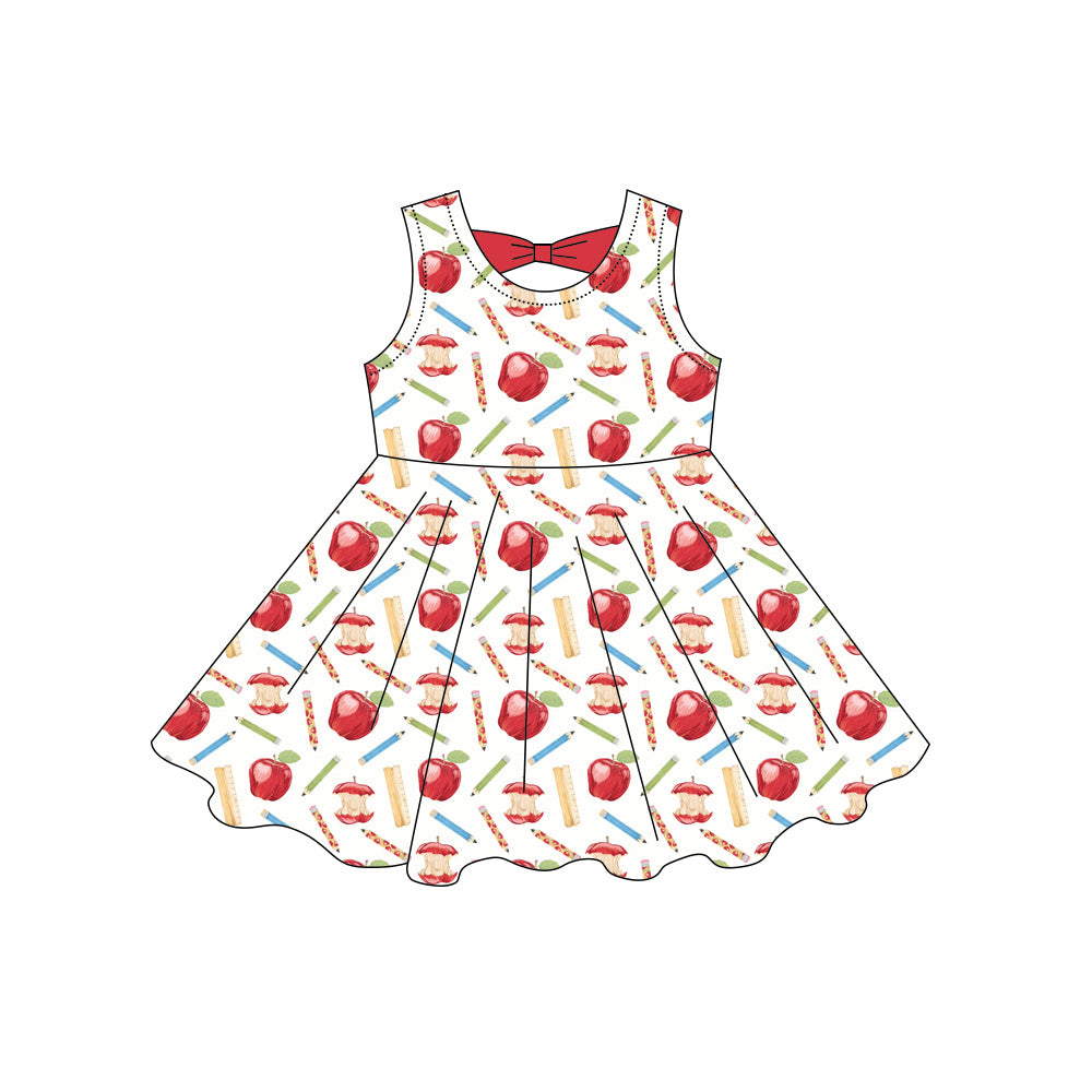Preorder moq 5 Baby Girls Sleeveless Apples Pencils Back to School Knee Length Dresses
