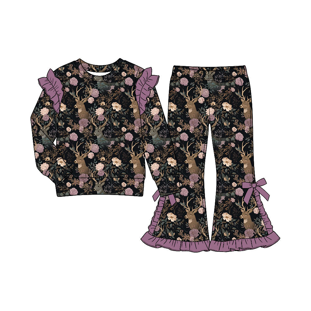 Preorder (moq 5) Baby Girl Deer Head Floral Print Long Sleeve Ruffle Shoulder Top Ruffle Hem Bow Flare Pant Set