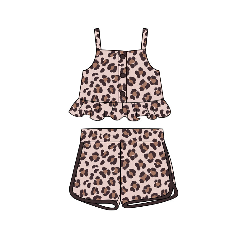 Preorder (moq 5)Baby Girls Pink Brown Leopard Straps Top Shorts Clothes Sets